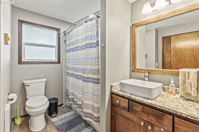 bathroom featuring toilet, wood-type flooring, and vanity