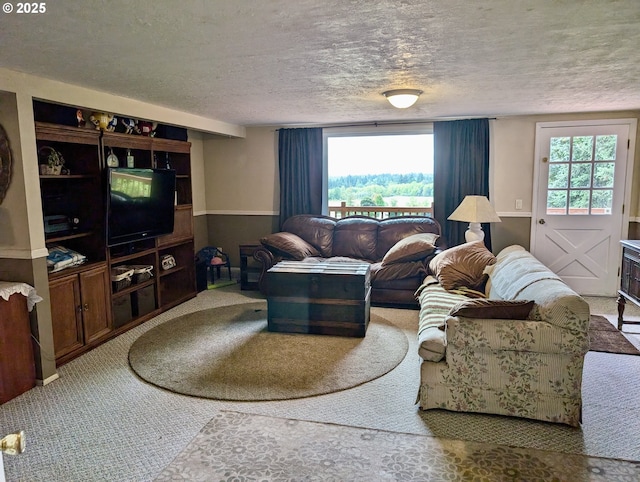 living room with a textured ceiling