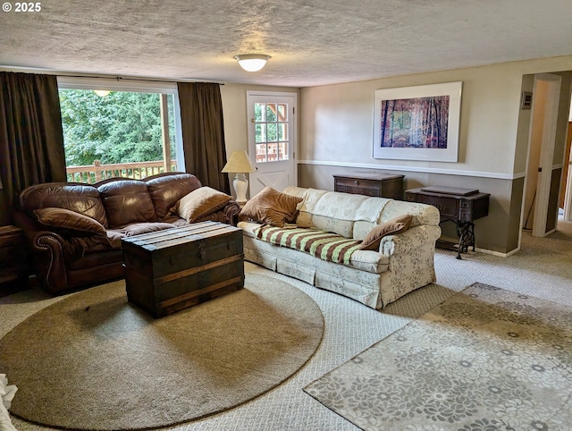 carpeted living room featuring a textured ceiling