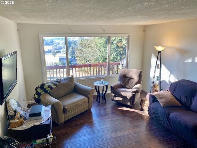 living room with a textured ceiling, dark hardwood / wood-style flooring, and a healthy amount of sunlight