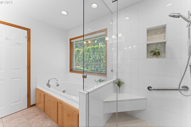 1281 NE Zachary St, Hillsboro, OR 97124 - full bathroom featuring a stall shower, a tub with jets, and recessed lighting