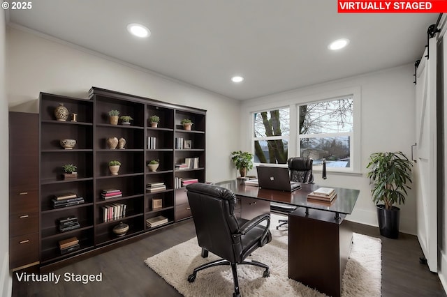 311 N 9th St, Cottage Grove, OR 97424 - home office with a barn door, wood finished floors, recessed lighting, ornamental molding, and baseboards