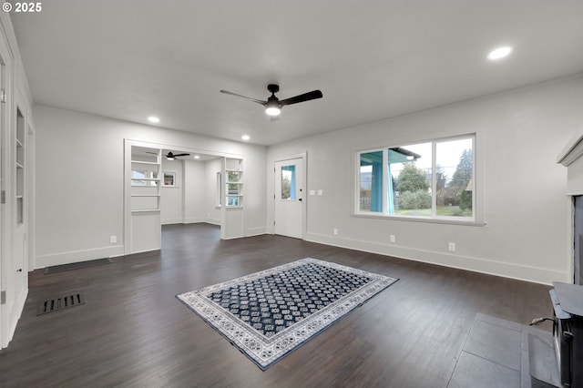 foyer entrance featuring recessed lighting, visible vents, baseboards, a ceiling fan, and dark wood finished floors