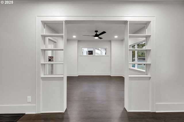 interior space with dark wood-type flooring, recessed lighting, baseboards, and a ceiling fan