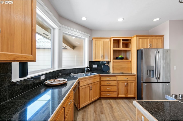 3301 Parker Ln, Springfield, OR 97477 - kitchen featuring stainless steel appliances, tile countertops, light wood-type flooring, open shelves, and backsplash