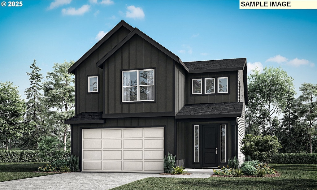 modern farmhouse style home featuring driveway, board and batten siding, and an attached garage