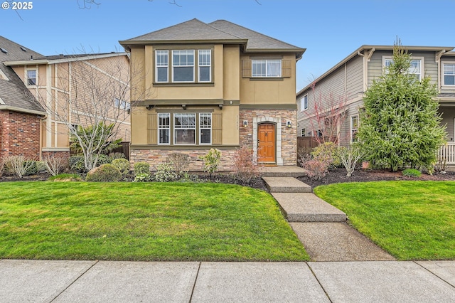 view of front of home with stone siding, stucco siding, a shingled roof, and a front lawn