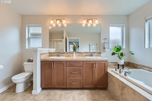bathroom with toilet, healthy amount of natural light, a stall shower, and double vanity