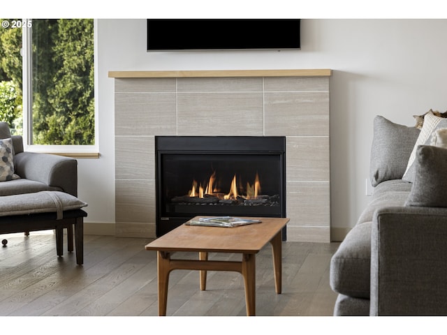 room details featuring baseboards, a tiled fireplace, and wood finished floors