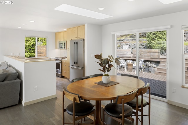 8630 SW 61st Ave, Portland, OR 97219 - dining area with a skylight, wood finished floors, recessed lighting, and baseboards