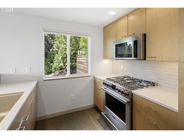 kitchen with backsplash, wood finished floors, a sink, light countertops, and stainless steel appliances