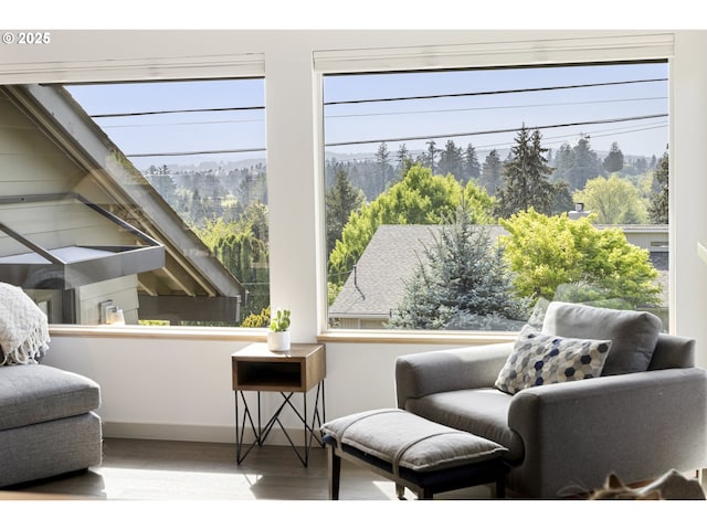 sitting room featuring a mountain view and wood finished floors