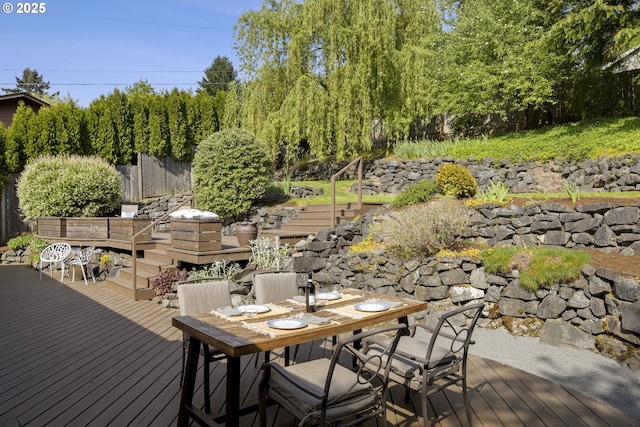 8630 SW 61st Ave, Portland, OR 97219 - wooden terrace featuring outdoor dining area, stairs, and fence