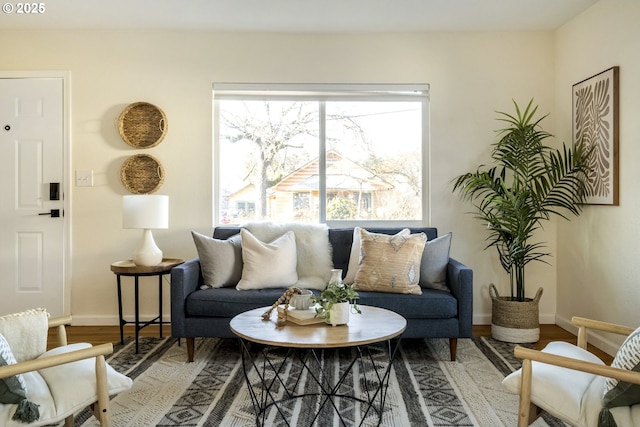 sitting room with baseboards and wood finished floors