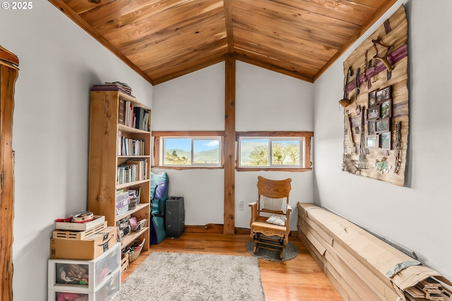 living area featuring lofted ceiling, wood finished floors, and wood ceiling