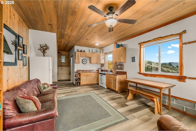 living area with light wood finished floors, wooden ceiling, and ceiling fan