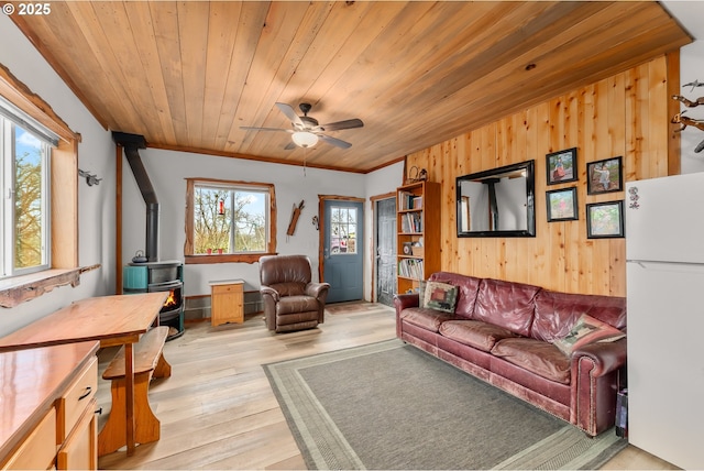 living area with light wood-type flooring, a ceiling fan, wood walls, wood ceiling, and a wood stove