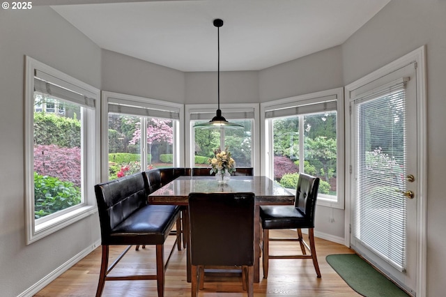 dining space with plenty of natural light, light wood-type flooring, and baseboards