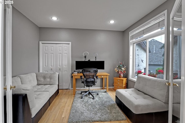 office area featuring light wood-style flooring and recessed lighting