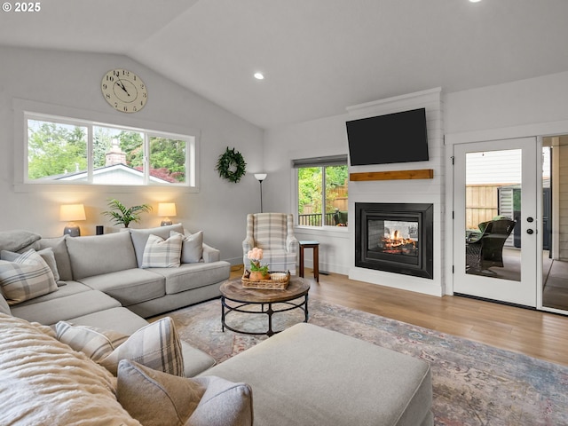 3595 Balm St S, Salem, OR 97302 - living area with wood finished floors, lofted ceiling, recessed lighting, and a multi sided fireplace