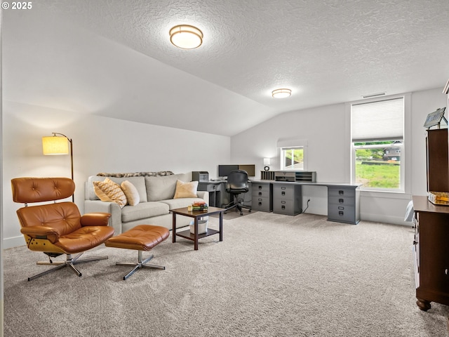 3595 Balm St S, Salem, OR 97302 - living area featuring carpet floors, a textured ceiling, a desk, and lofted ceiling