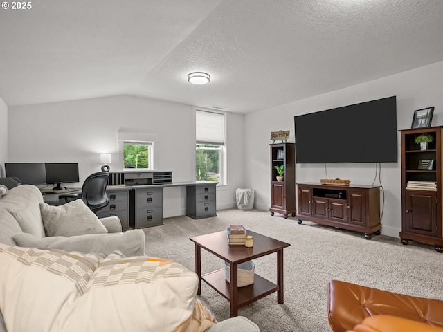 3595 Balm St S, Salem, OR 97302 - living area featuring lofted ceiling, carpet floors, a textured ceiling, and an office area