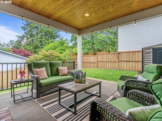 3595 Balm St S, Salem, OR 97302 - fenced backyard featuring an outdoor living space and a patio area