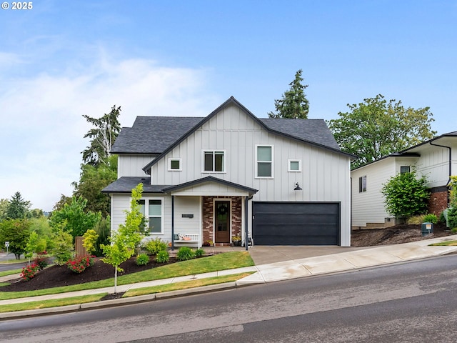 3595 Balm St S, Salem, OR 97302 - modern inspired farmhouse featuring a shingled roof, board and batten siding, driveway, a garage, and covered porch