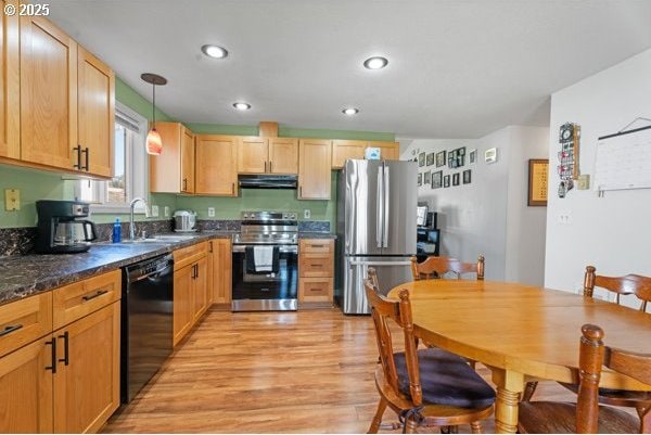 10514 NE 96th St, Vancouver, WA 98662 - kitchen featuring appliances with stainless steel finishes, under cabinet range hood, a sink, dark countertops, and light wood-style floors