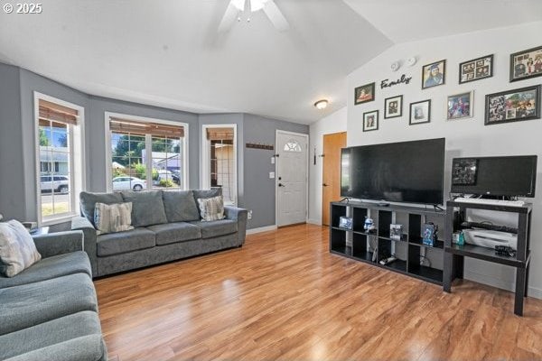 10514 NE 96th St, Vancouver, WA 98662 - living area featuring lofted ceiling, wood finished floors, and a ceiling fan