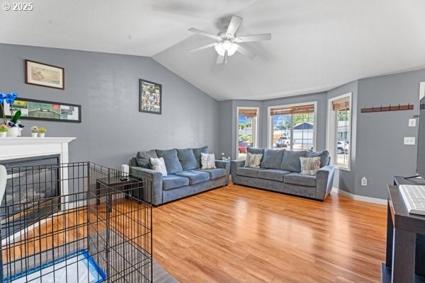 10514 NE 96th St, Vancouver, WA 98662 - living room featuring wood finished floors, a ceiling fan, lofted ceiling, baseboards, and a glass covered fireplace