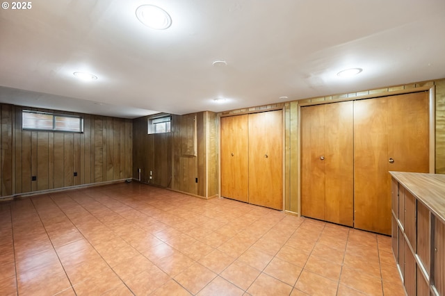 below grade area featuring wood walls