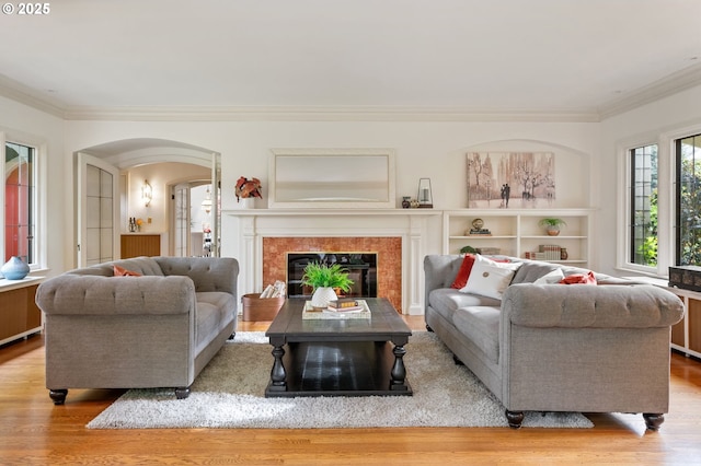 living area with wood finished floors, crown molding, a premium fireplace, and arched walkways