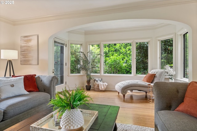 sunroom with arched walkways, wood finished floors, and crown molding