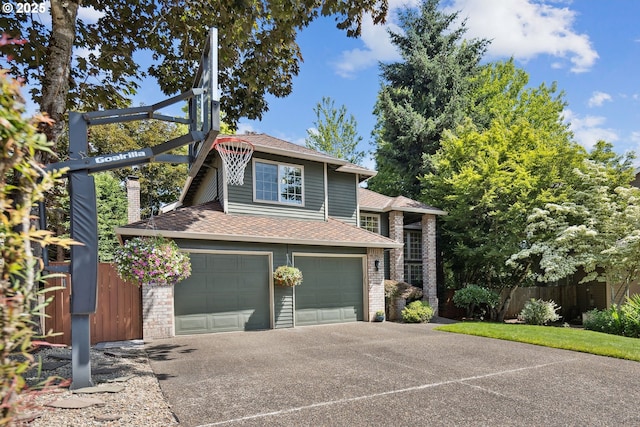 17958 Saint Clair Dr, Lake Oswego, OR 97034 - view of front of house featuring a shingled roof, concrete driveway, an attached garage, a chimney, and brick siding