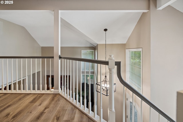 17958 Saint Clair Dr, Lake Oswego, OR 97034 - corridor with lofted ceiling, wood finished floors, healthy amount of natural light, and an upstairs landing