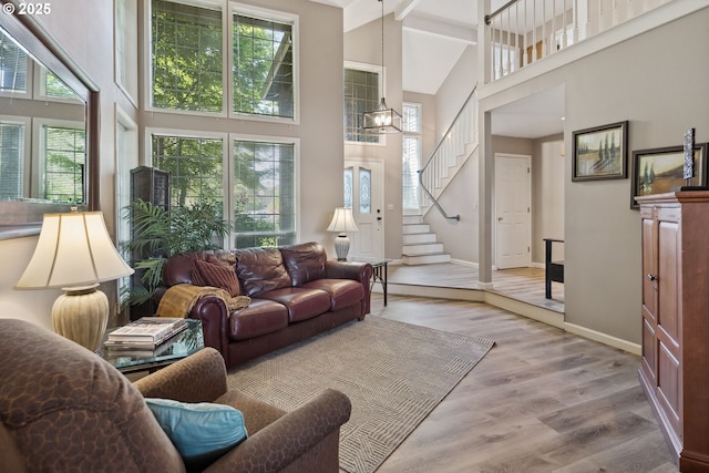17958 Saint Clair Dr, Lake Oswego, OR 97034 - living area with high vaulted ceiling, healthy amount of natural light, stairs, wood finished floors, and beam ceiling