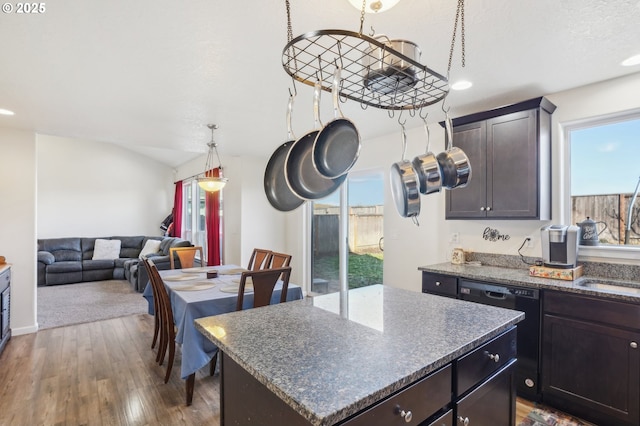 kitchen featuring hardwood / wood-style flooring, dark brown cabinetry, a center island, and a wealth of natural light