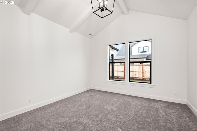 carpeted empty room with lofted ceiling with beams and an inviting chandelier