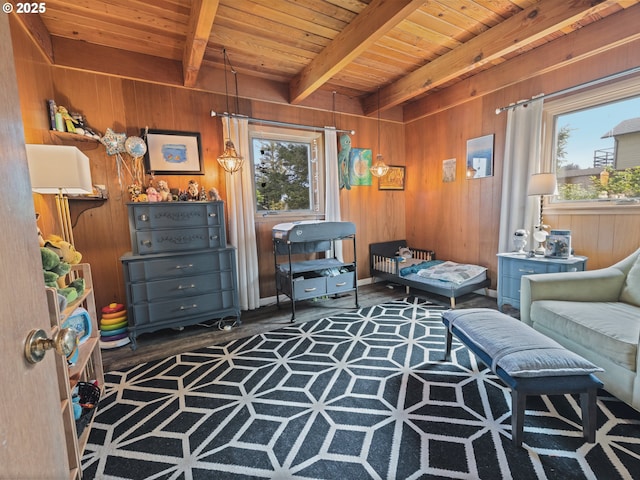 1749 NE 19th St, Lincoln City, OR 97367 - living area featuring wood ceiling with exposed beams and wood walls