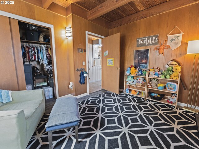 1749 NE 19th St, Lincoln City, OR 97367 - interior space with wood ceiling with exposed beams and wooden walls