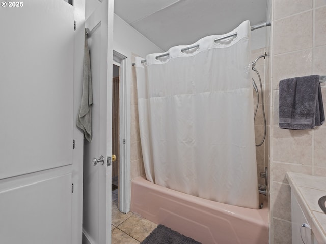 1749 NE 19th St, Lincoln City, OR 97367 - bathroom featuring shower / tub combo with curtain, tile patterned floors, and vanity