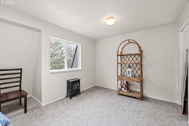 sitting room with crown molding, a wood stove, carpet, and a textured ceiling