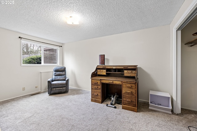 carpeted office space with visible vents, baseboards, and a textured ceiling