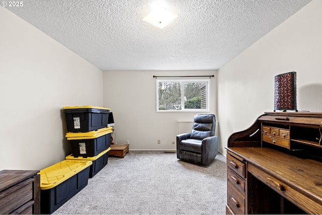 sitting room featuring carpet flooring, a textured ceiling, and baseboards