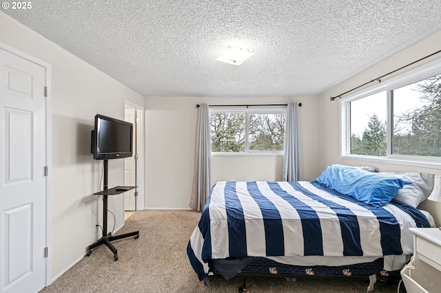 carpeted bedroom with a textured ceiling