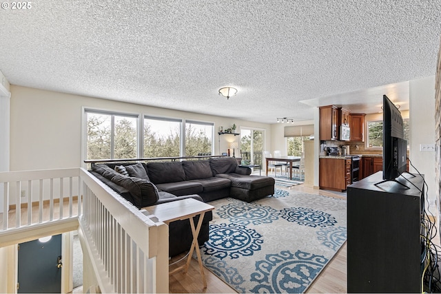 living area with a textured ceiling and light wood-style flooring