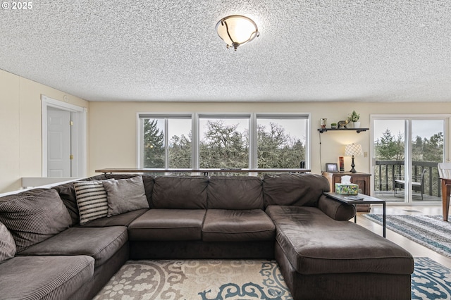 living area with plenty of natural light and a textured ceiling