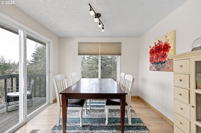 dining space featuring plenty of natural light, light wood-style floors, baseboards, and a textured ceiling