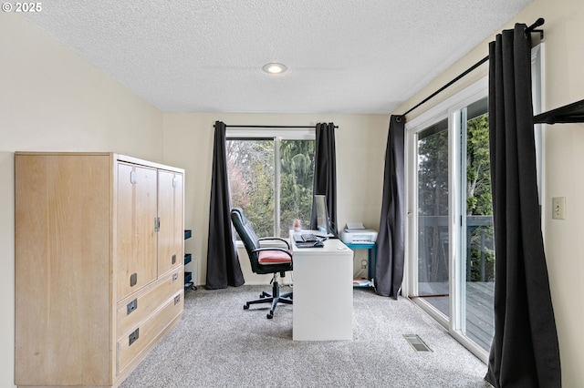 home office with visible vents, light colored carpet, and a textured ceiling